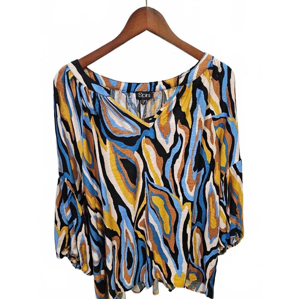NEW SPIN women's v-neck long sleeve blouse in blue/black